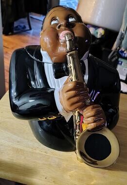 VTG 2000 Clay Art "Jazzed Up" Saxophone Player Cookie Jar #8874 Mint in Box Rare